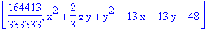 [164413/333333, x^2+2/3*x*y+y^2-13*x-13*y+48]